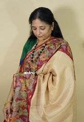 Chikoo with Maroon- Chitraleka - Semi tussar silk with kalamkari depiction border and pallu